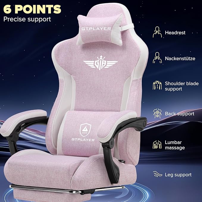 GTPLAYER Gaming Chair Computer Office Chair Lumbar Support Linkage Armrests and Footrest Ergonomic Game Chair for Adults with Extended Backrest Linen Fabric Pink