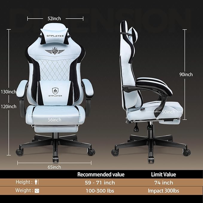 GTPLAYER Gaming Chair with Footrest Big and Tall Game Chair High Back Computer Office Chair with Lumbar Support for Adults Ergonomic Swivel Games Chair with Cushion Gaming Fabric Light Blue
