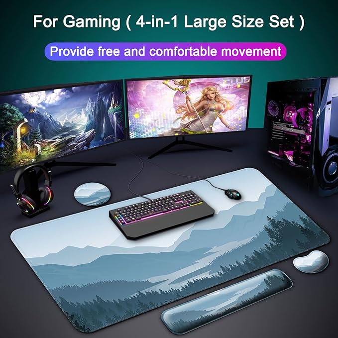 Keyboard Wrist Rest + Mouse Pad with Wrist Support + Desk Mat + Coaster 4 in 1 Set XXL Large Gaming Mousepad Cute Ergonomic Mouse Pads for Desk Computer Laptop Office Decor-Vector Forest