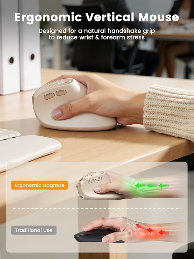 SABLUTE MAM3 Ergonomic Mouse Rechargeable Wireless Vertical Mouse with 4 Adjustable DPI for Small/Medium Hands Dual-Device Connectivity for Computer/PC/LaptopBluetooth Mouse for WindowMac OSBeige