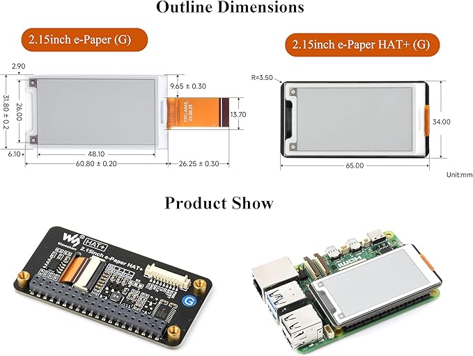 2.15inch E-Paper Display Compatible with Raspberry Pi 5/4B/3B+/Zero/Zero W/Zero 2W/Pico/Pico W/Pico 2/Jetson Nano 296x160 Pixel E-Ink Display Red/Yellow/Black/White SPI Interface with Driver Board
