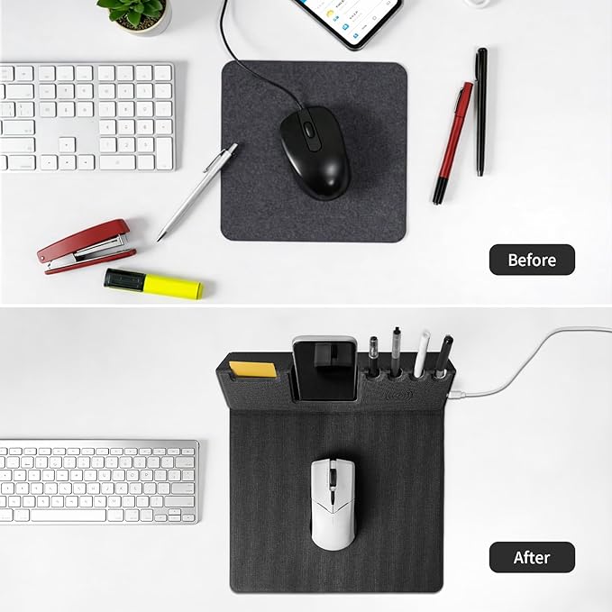 Mouse Pad with Phone Holder &amp Pen Holders Wireless Charging Desk Mat Mousepad Home Office Desk Pad with Ultra-Smooth Surface Non-Slip Base Waterproof Keyboard Pad Classic Black Desk Mat