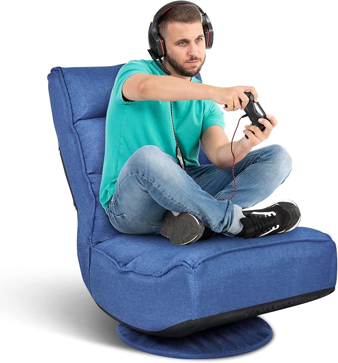 ERGOMASTER Reclining Folding Floor Gaming Chair for Home Office and Lounging Reading w/ 360-Degree Swivel 5 Adjustable Positions Tufted Cushions （Blue）