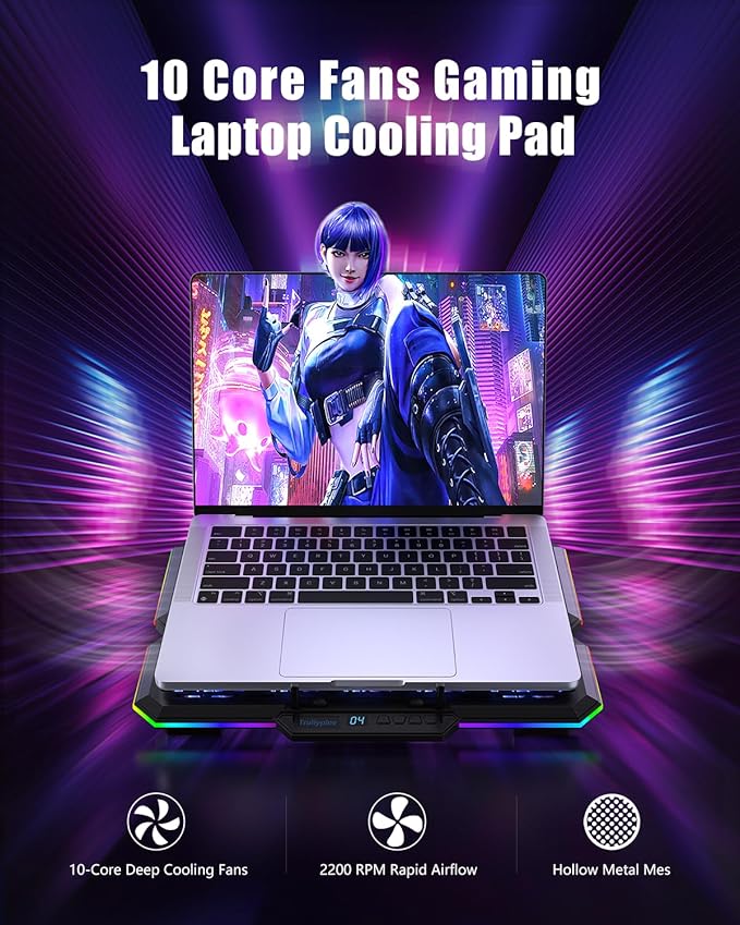 Laptop Cooling Pad Gaming Laptop Cooler with 10 Quiet Fans Height Adjustable Laptop Cooling Stand for 12-18.1 Laptops RGB Lights with Laptop Fan with 2 USB Port and Phone Stand