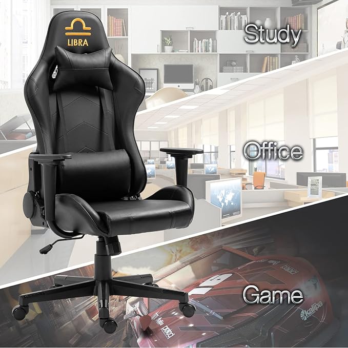 Modern-Depo Gaming Chair with Zodiac Star Sign Libra Astrology Logo Ergonomic Computer Chair with Headrest Lumbar Support Swivel and Recline Load Capacity 330 lbs Black