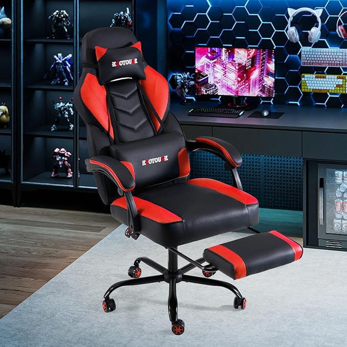 ECOTOUGE Massage Gaming Chair Big and Tall Gaming Chair with Lumbar Support &amp Footrest Ergonomic Gamer Chair with Reclining High Back 360° Swivel Gaming Computer Chair Red