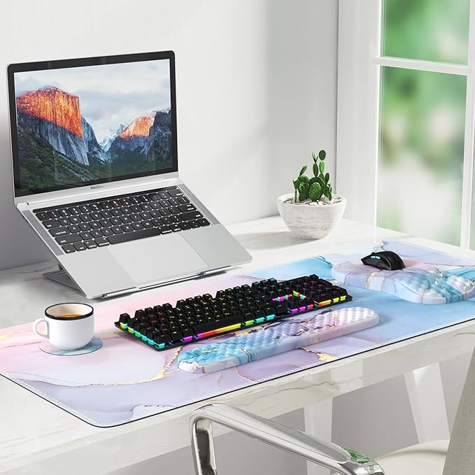 Desk Pad Mat Large Mouse Pad with Wrist Rest Ergonomic Keyboard and Mouse pad with Massage Design &amp Memory Foam Computer Mouse Pad for Home Office Study Game Pink Blue Marble