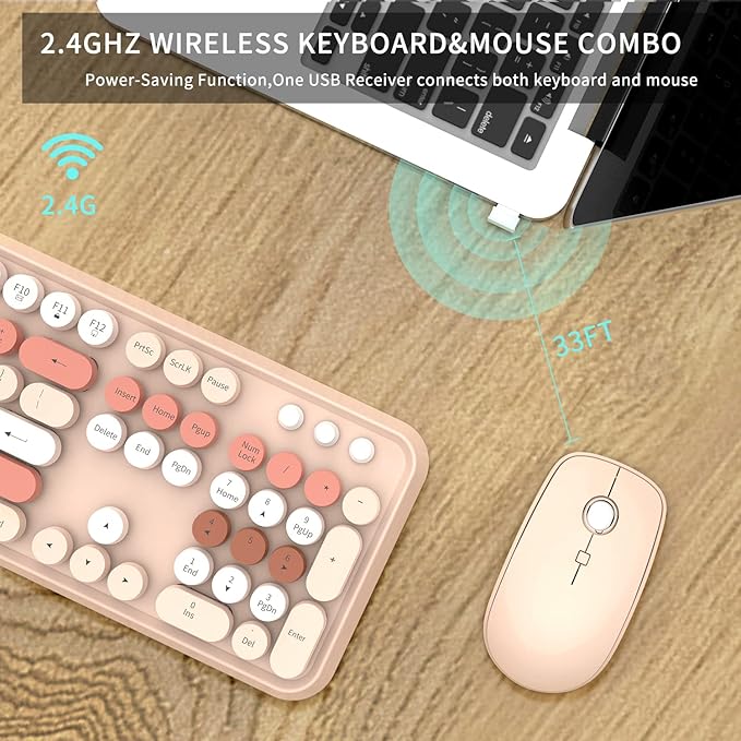 FOPETT Wireless Keyboard and Mouse Combo - 2.4G Full-Sized Cute Colorful Mouse and Keyboard with 104 Round Keys Retro Typewriter Keyboard for Laptop/Windows/PC - Brown Colorful