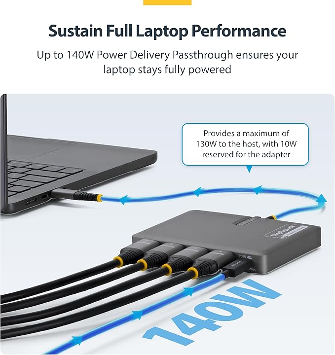 StarTech USB-C to Quad HDMI 4K60 Workstation Dock 140W PD Passthrough USB for Keyboard and Mouse Windows Mac M1-M5 USB4 Thunderbolt Laptops DisplayLink DL7400 TAA (Quad-USB-HDMI-Adapt)