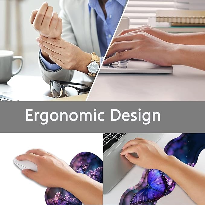 Large Gaming Mouse Pad + Keyboard Wrist Rest + Wrist Support + Coaster Set Memory Foam Ergonomic for Easy Typing XXL Extended Gaming Mouse Pad Table Pad - Purple Butterfly