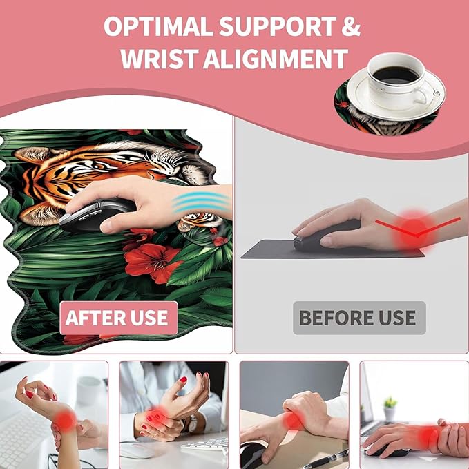 Large Gaming Mouse Pad Keyboard Wrist Rest Pad &amp Wrist Support Mousepad Set Stitched Edge Extended Non-Slip Base Memory Foam Desk Mat for Office HomeTiger Face