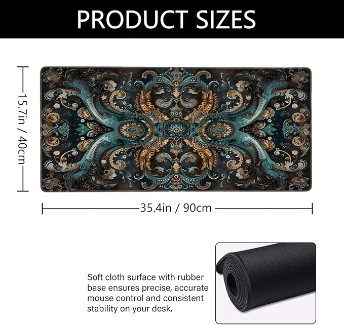 Trippy Turquoise Paisley Large Mouse Pad Gaming Mousepad Desk Mat for Desktop Computer Keyboard Waterproof Mouse Mat Desk Pad with Non-Slip Base for Game School Office Home 35.4 x 15.7