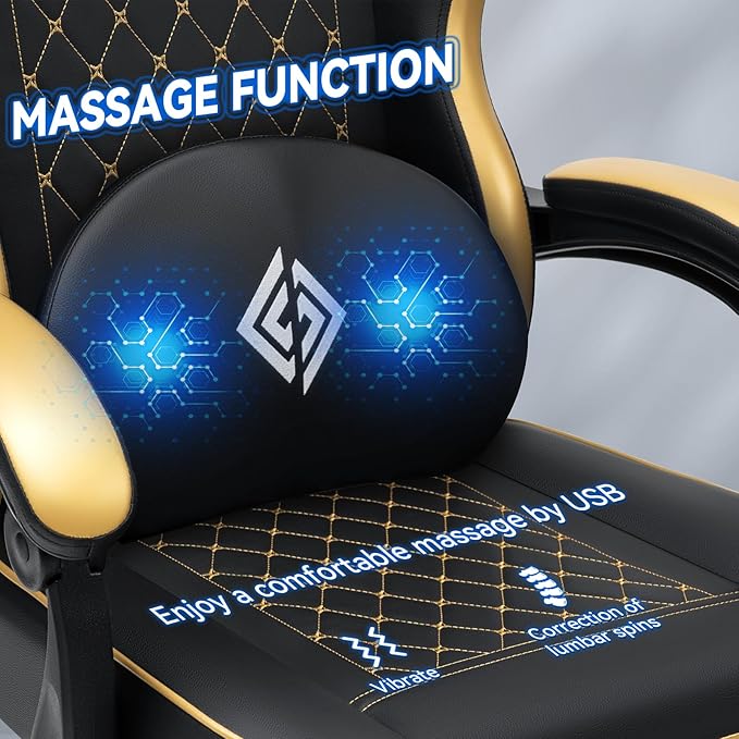 HOFFREE Gaming Chair with Speakers Massage Computer Gaming Chair with Pocket Spring Cushion for Adults Reclining Gamer Chair with Bluetooth Video Game Chairs with Footrest Gold and Black