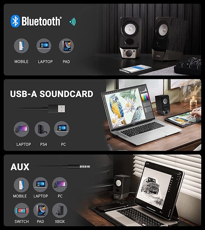Edifier R19BT 2.0 PC Speaker System with Wooden Cabinet Bluetooth 5.3 Full Stereo Sound Strong Bass Volume Control 3.5mm Input/USB-A Sound Card for Computer/TV/Smartphone/Tablet - Black