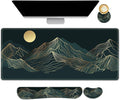 AIMSA Keyboard &amp Mouse Pad Set Extended Desk Mat + Ergonomic Mouse &amp Keyboard Wrist Rest Support 35x15.7in Abstract Gold Sun Mountain