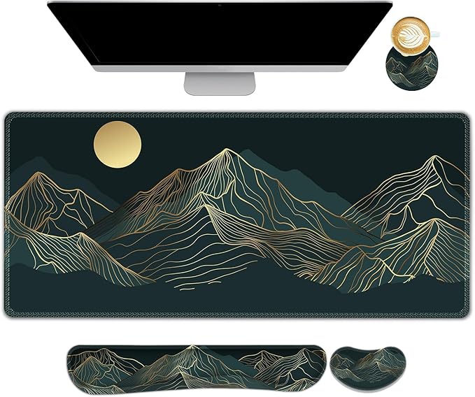 AIMSA Keyboard &amp Mouse Pad Set Extended Desk Mat + Ergonomic Mouse &amp Keyboard Wrist Rest Support 35x15.7in Abstract Gold Sun Mountain