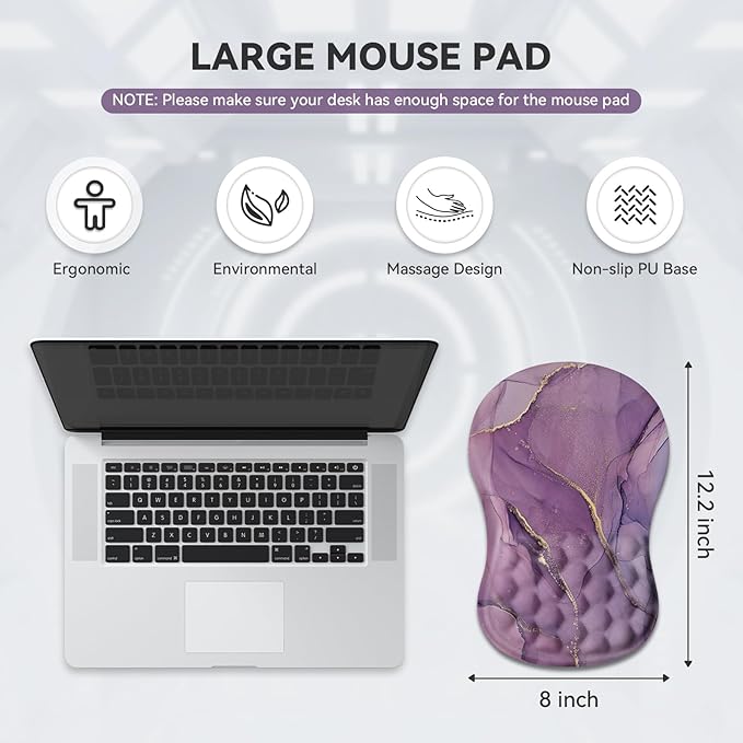 AIMSA Upgraded Wrist Rest Support Mouse Pad Ergonomic Mousepad Massage Memory Foam Design Pain Relief Comfortable Wrist Cushion Mat Non-Slip PU Base for Home Office Purple Marble