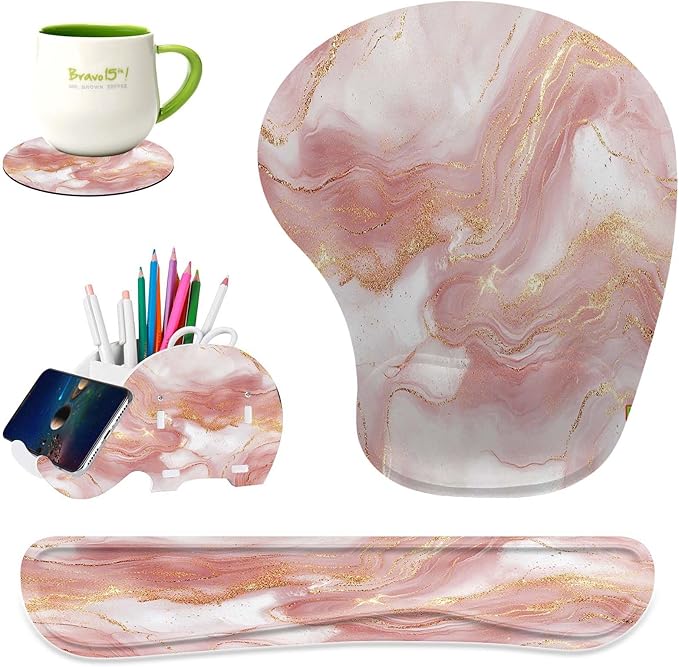 Keyboard Wrist Rest Pad Ergonomic Mouse Pad SetNon-Slip PU Base for Laptop Home Gaming OfficeMatching Elephant Pen Holder and Cup Coaster(Rose Gold Marble)