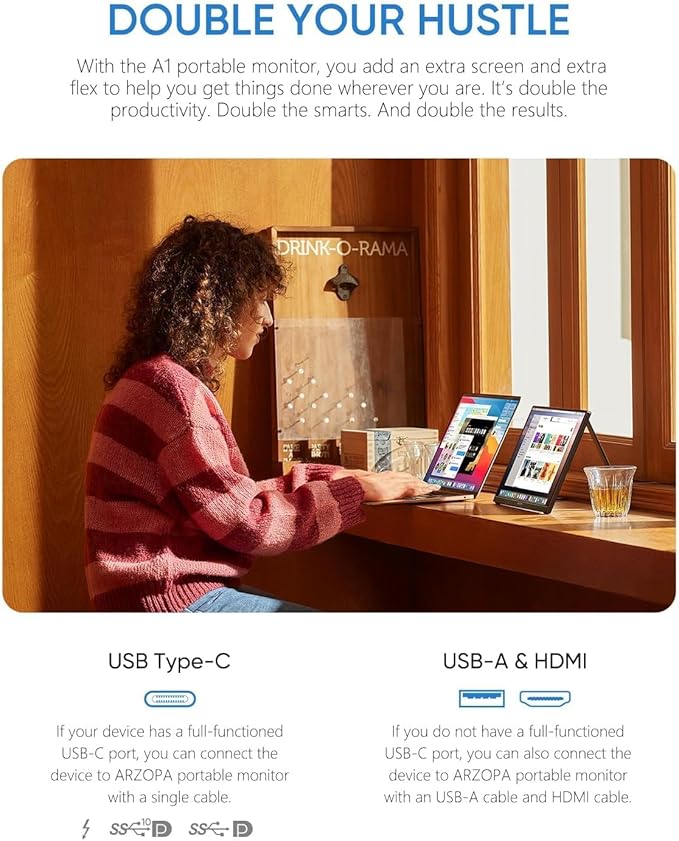 ARZOPA Portable Monitor 15.6'' FHD 1080P - Ultra-Slim Portable Laptop Monitor with Kickstand - IPS Display for PC MAC Phone Xbox PS5 - USB C &amp HDMI Connectivity - A1