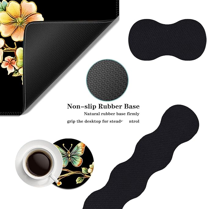 Mouse PadLarge Desk Mat Set 4in1 XL Mousepad + Keyboard Wrist Rest+Mouse Wrist Rest+Coaster with Ergonomic Desk Pad for Home Office Table Computer Cover -Vintage Floral Butterfly
