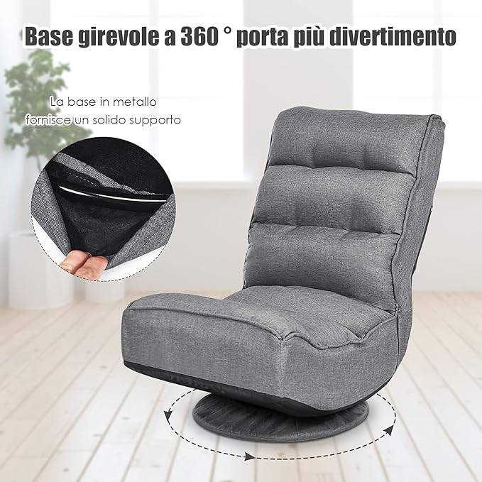 Rainfally 360-Degree Swivel Floor Sofa Chair Folding Gaming Chair w/ 5-Position Adjustable Backrest &amp Comfortable Sponge Padded Lazy Sofa Lounge Chair for Reading TV Watching or Gaming (Gray)