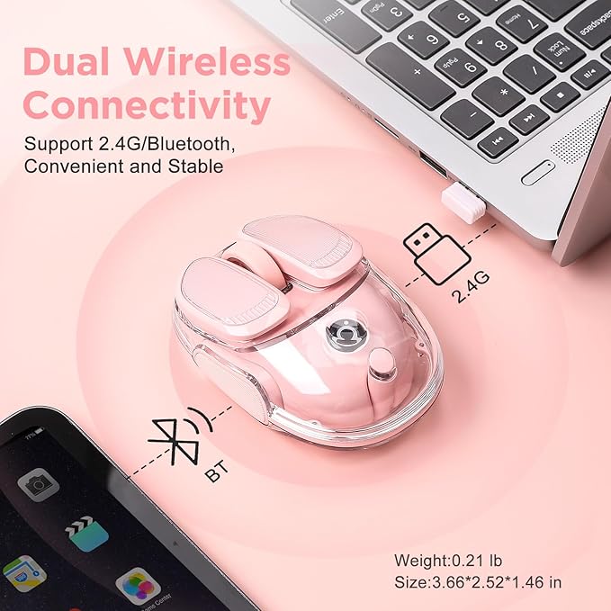 Q9 Wireless Computer Mouse 2.4GHz/Bluetooth Mouse Ergonomic Optical Mouse with RGB LightingSilent Clicks4800 DPI 4 Adjustment LevelsCompatible with PC Mac Laptop(Pink)