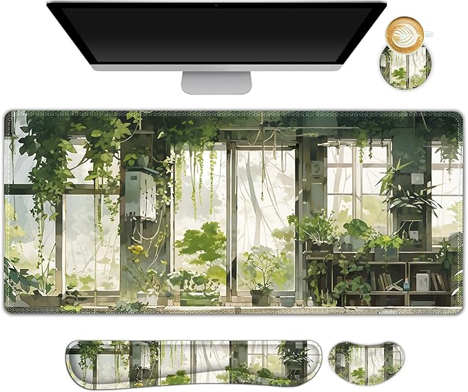 Large Mouse Pad and Keyboard Wrist Rest Extended Mouse Pad with Wrist Support Ergonomic Non-Slip Desk Mat Desk Protector Blotter for Home Office Window Green Plants