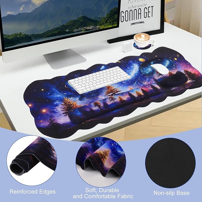 Petmolico Wrist Rest Set with Computer Keyboard Desk PadMouse Wrist RestKeyboard Typing Wrist Pad and Cup CoastersErgonomic Design for Typing Pain Relief [Blue Aurora Night Sky]