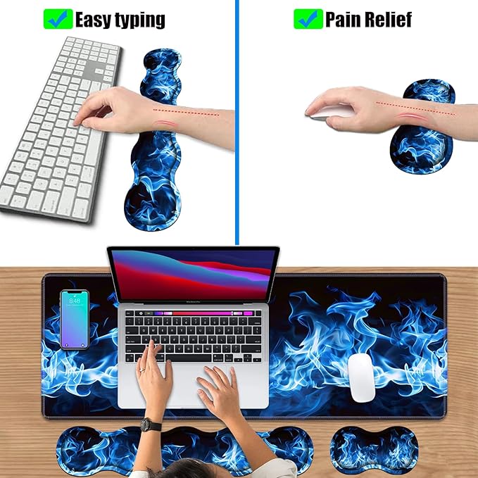 4 in 1 Ergonomic Keyboard Wrist Rest &amp Mouse Pad Wrist Rest Set Large XXL Gaming Desk Mat 31.5x 11.8 with Non-Slip Base Memory Foam for Home Office Study Gaming Blue Flame