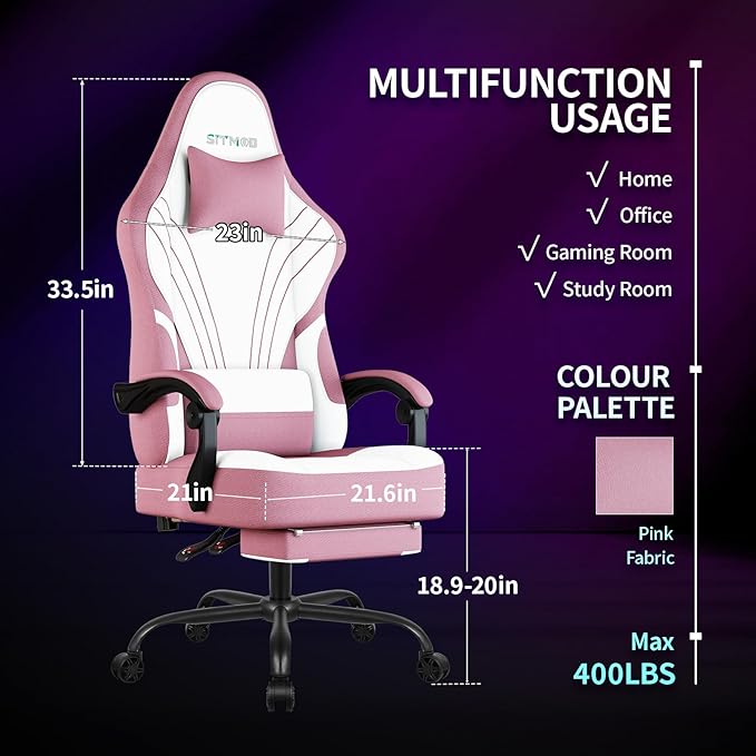 Gaming Chair Fabric Ergonomic Computer Chair with Footrest Video Gamer Chair with Pocket Spring CushionLinkage Armrests and Headrest Lumbar SupportSwivel Height Adjustable Office Chair for Adults