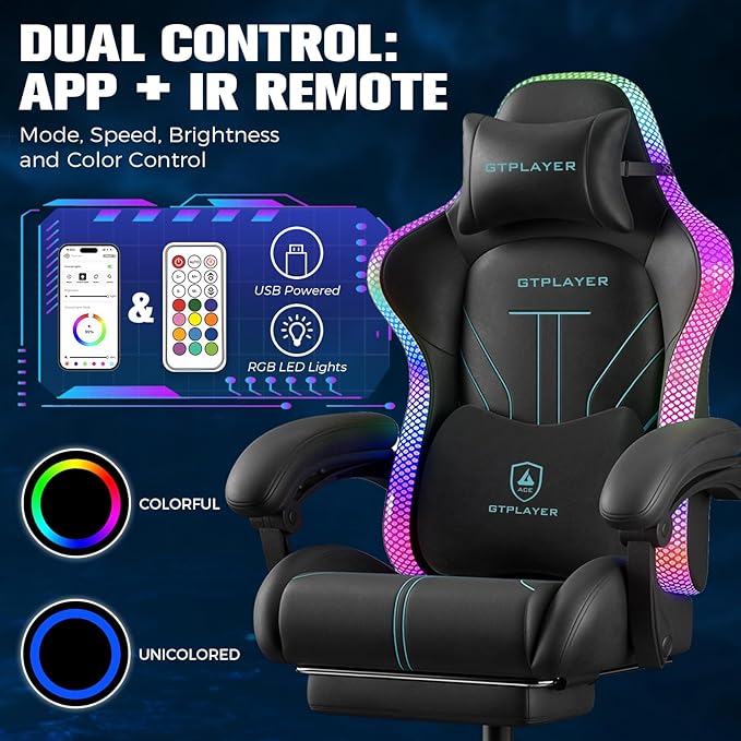 GTPLAYER Gaming Chair Computer Chair with RGB LED Lights High Back Ergonomic Chair for Adults with Footrest Reclining Office Chairs Linkage Armrest Blue