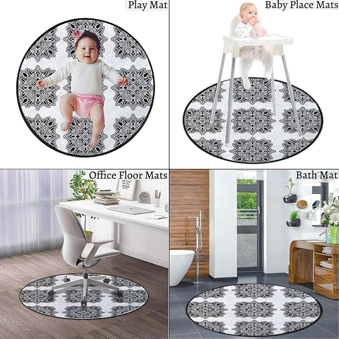 Black White Round Area Rugs Non-Slip Room RugCircle Rug Floor Carpet for Bedroom Kitchen Nursery Dinner Room Decor Early Renaissance Artsy Modern Design Diameter 55 in