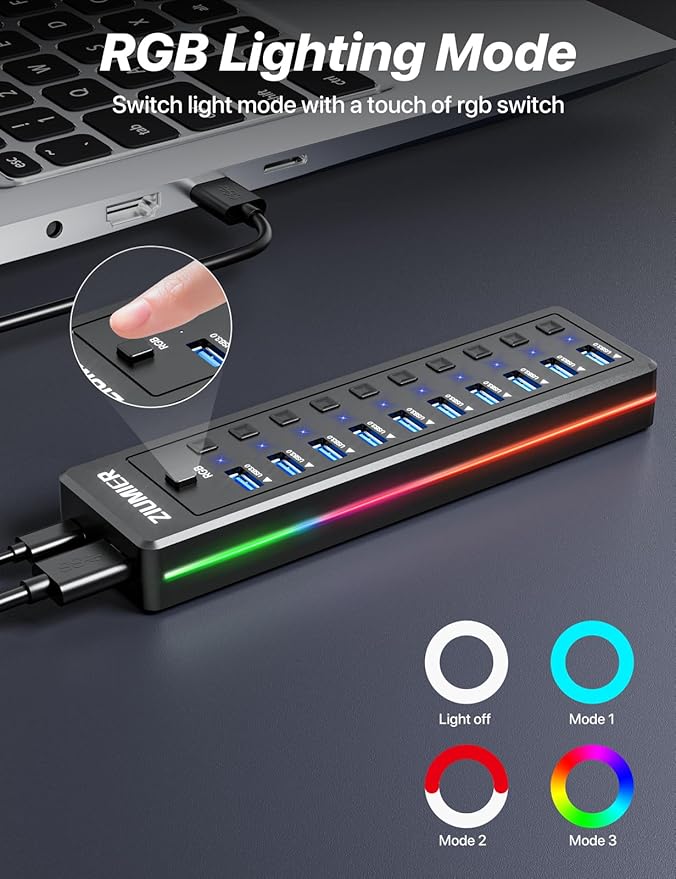 Powered USB Hub 10-Port USB 3.0 Hub with RGB LED Strip -5Gbps Data TransferIndividual LED On/Off Switches and 12V/2A Power Adapter for Laptop PC Mouse Keyboard Hard Drive or More USB Devices.