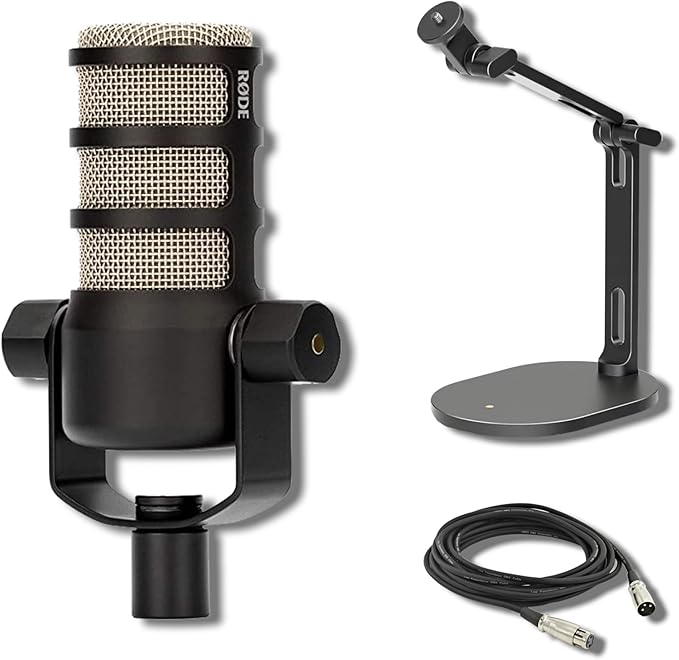Rode PodMic Dynamic Broadcast Microphone with Rode Desk Stand 2 (DS2) XLR Cable and StreamEye Polishing Cloth