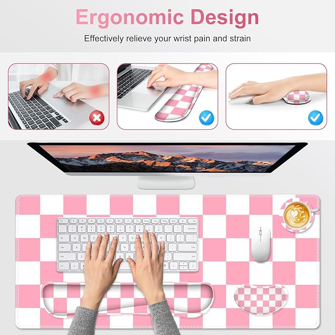 Pastel Pink White Checker Mouse Pad Set 4 in1 Ergonomics Keyboard Desk Mat with Memory Foam Wrist Rest Extended Game Mousepad Non-Slip Large Gaming Desk Pad Matt Easy Typing Pain Relief