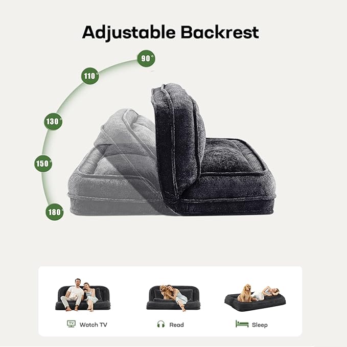 Floor Chair with Back Support Human Dog Bed Folding Loveseat with 5 Adjustable Position 2 Back Cushions Chenille Meditation Gaming Chair for Lazy Boys Living Room Lounge Bedroom Black