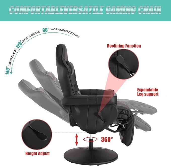 LVUYOYO Reclining Gaming Chair Gaming Chair with Footrest and Massage High Back PU Leather Gaming Recliner w/Adjustable Height Swivel Game Chair with Lumbar Support Cup Holder Headrest