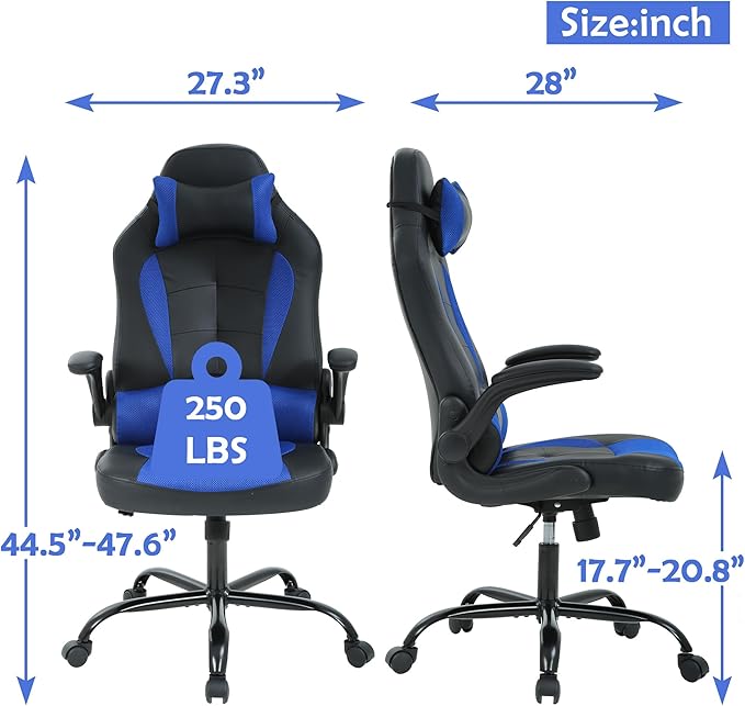 Computer Gaming Chair Video Game Chair for Adults Ergonomic PU Leather Gaming Office Chair Adjustable Armrest PC Gamer Chair Blue
