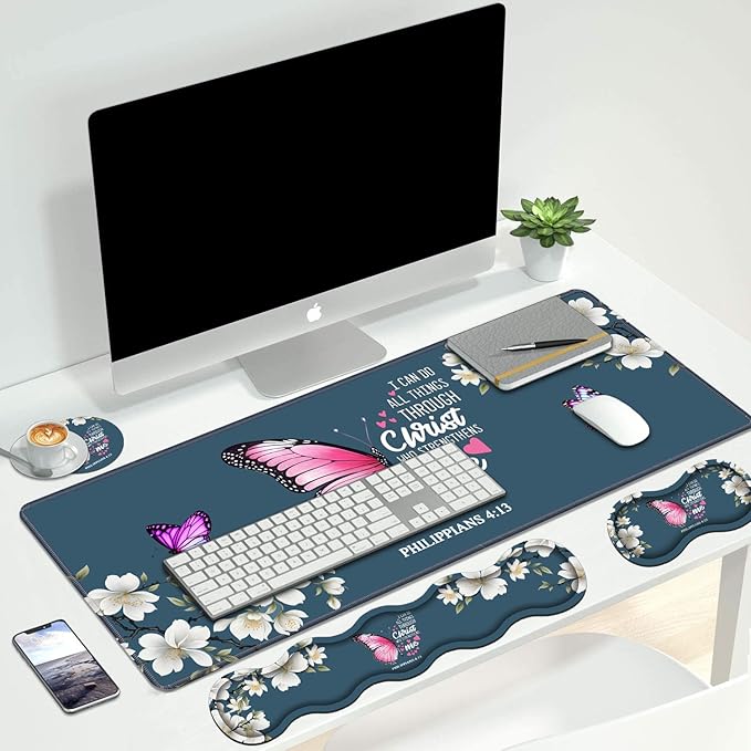 Ergonomic Keyboard Wrist Rest &amp Mouse Pad Wrist Rest Set Large XXL Gaming Desk Mat 31.5x 11.8 with Non-Slip Base for Home Office Study Gaming Floral Butterfly Quote Bible Verse Philippians 4:1