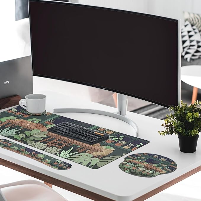 Britimes Cute Frog Summer Keyboard Mouse Pad Set Kawaii Green 4in1 Large Mousepad+Keyboard Wrist Rest+Mouse Wrist Rest+Coaster Ergonomic Design for Home Office Computer 35.4x15.7 inches