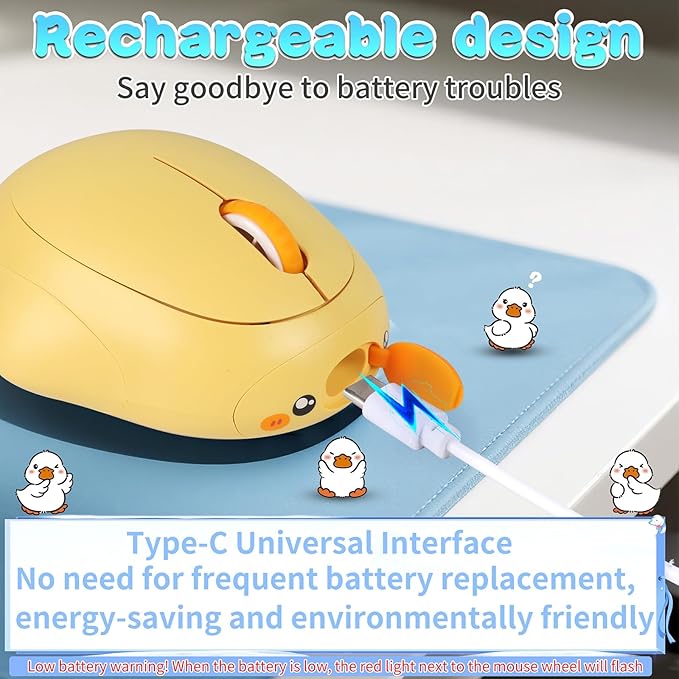 Cute Duck Bluetooth Wireless Mouse -RechargeableDual Mode Connection Silent Scroll Wheel 1600 DPI - Perfect for Laptops PCs and Tablets (Yellow)