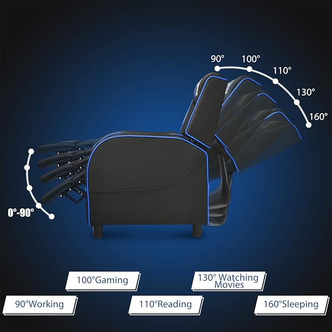 POWERSTONE Gaming Recliner Chair Reclining Gaming Chairs for Adults Ergonomic Leather Sofa with Footrest Lumbar Support Headrest and Side Pouch for Living Room Home Theater Blue