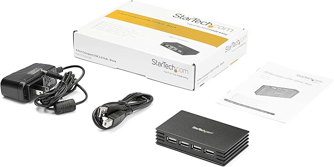 StarTech.com 4 Port Compact Black USB 2.0 Hub - Bus-powered or with Included Power Adapter - Portable Mac/PC laptop hub TAA (ST4202USB)