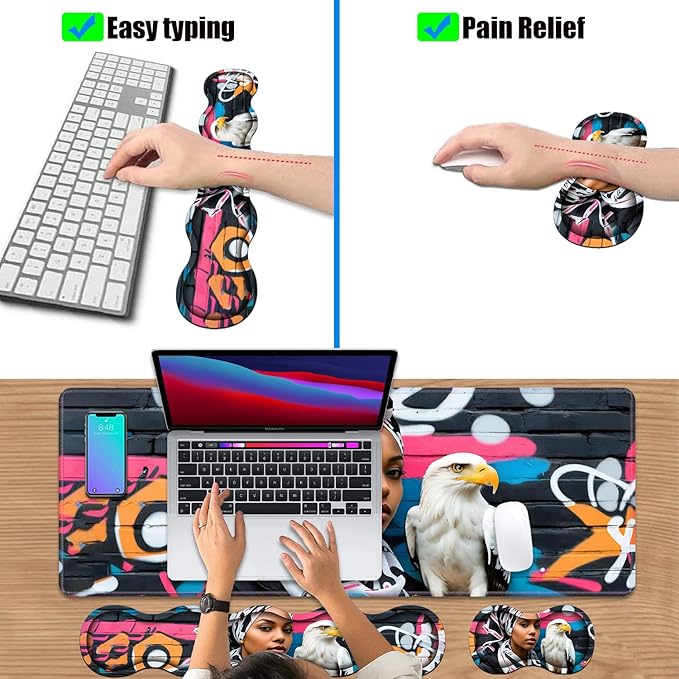 4 in 1 Ergonomic Keyboard Wrist Rest &amp Mouse Pad Wrist Rest Set Large XXL Gaming Desk Mat 31.5x 11.8 with Non-Slip Base Memory Foam for Home Office Study Gaming American Black Girl Bald Eagle