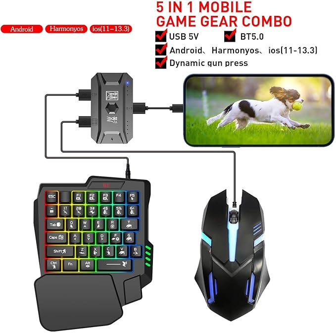 Docooler Half Hand Keyboard and Mouse Combo 25 Keys Single Handed Wired RGB Keyboard and Gaming Mouse Converter Support Customize Button for Android PC Gaming Player
