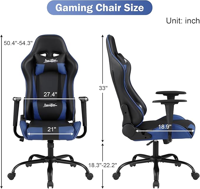 BLKMTY Gaming Chair Office Chairs High Back Computer Leather Desk Chair Racing Executive Ergonomic Adjustable Swivel Task Chairs with Headrest and Lumbar Support Blue