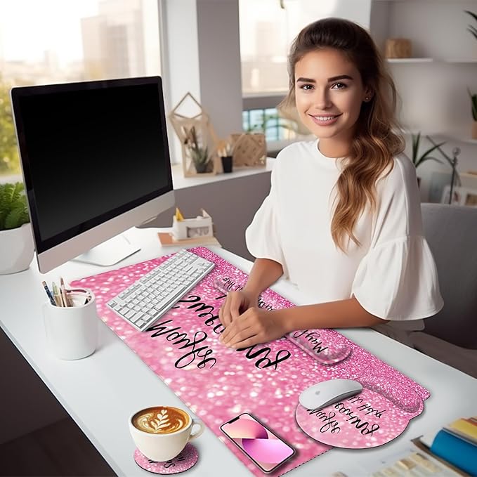 Pink Mouse Pad Set Ergonomic Mouse Pad with Wrist Rest Keyboard Wrist Support Large Desk Matt for Desktop Gaming Mousepad Cup Coaster Set Cute Pink Office Desk Accessories Decor Supplies