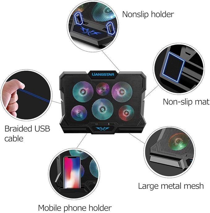 Laptop Cooling Pad Laptop Cooler with 6 Quiet Fans RGB 7 Color Light for 15.6-17 Inch Laptop Cooling Fan Stand Portable Slim USB Powered Gaming Laptop Cooling Pad Switch Control Fan Speed(Black)