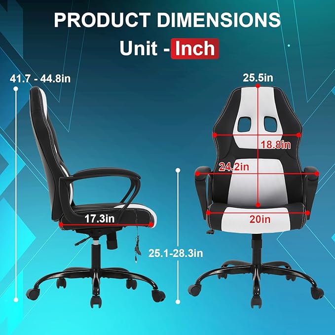Gaming Chair with Massage Function PU Leather Chairs Ergonomic Office Chair Executive Computer Chairs High Back Computer Task with Lumbar Support Adjustable Height White