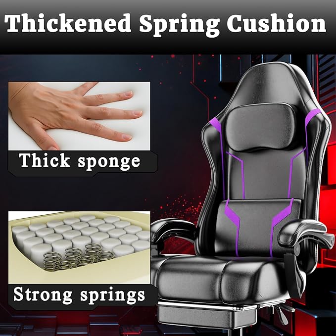 Gaming Chair with Pocket Spring Cushion and Footrest Ergonomic Computer Chair for Adults Breathable PU Leather Game Chair Adjustable Headrest and Lumbar Support Office Desk Chair